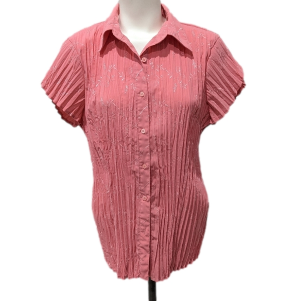East 5th pink coral crinkle button down blouse, sz XL